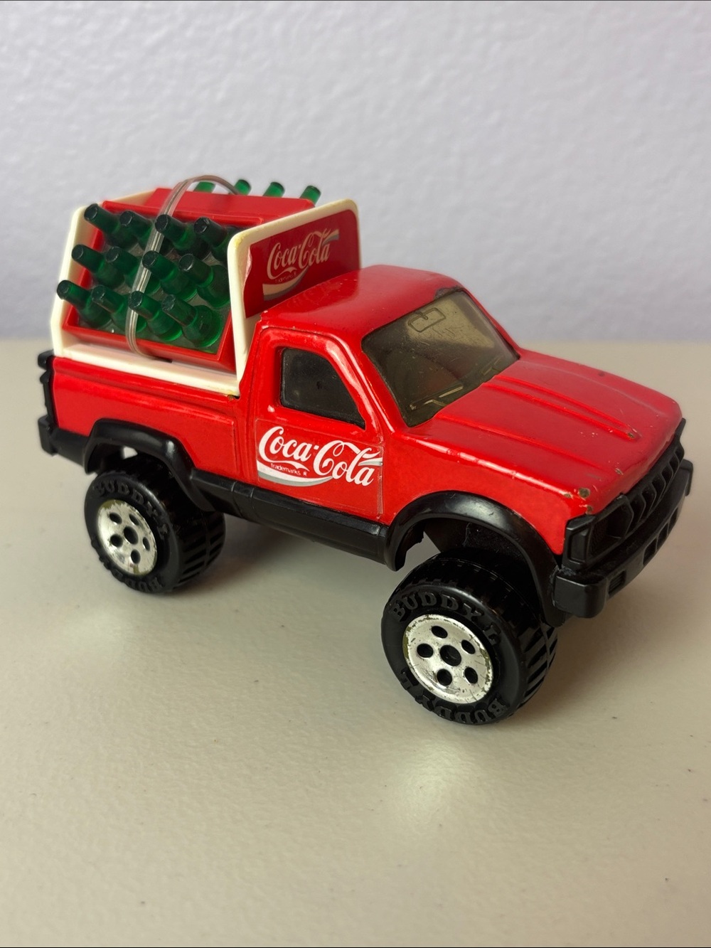 1983 Buddy L Coca Cola Red Toy Pickup Truck with Green Bottle Crate